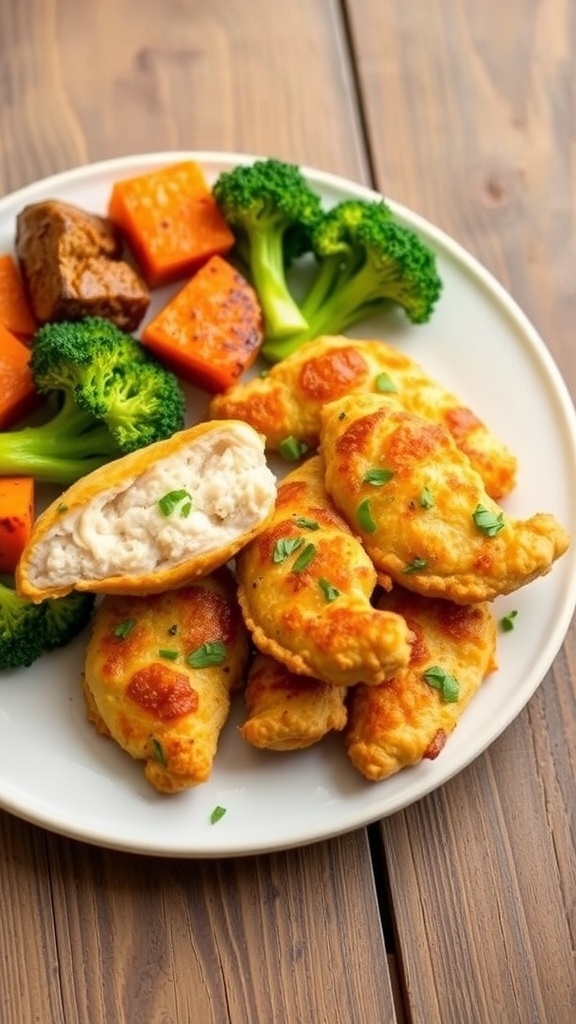 A healthy meal featuring air-fried chicken strips, roasted broccoli, and sweet potatoes on a rustic table.